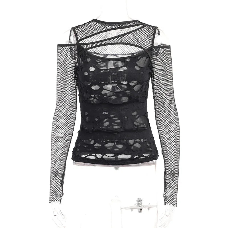 Dark Punk Fishnet Patchwork Top