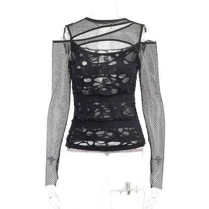 Dark Punk Fishnet Patchwork Top