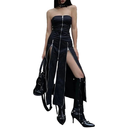 Zip-Up Off-Shoulder Midi Party Dress