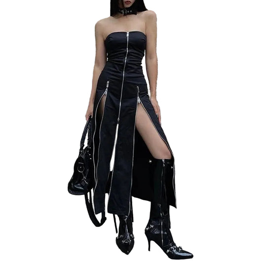 Zip-Up Off-Shoulder Midi Party Dress