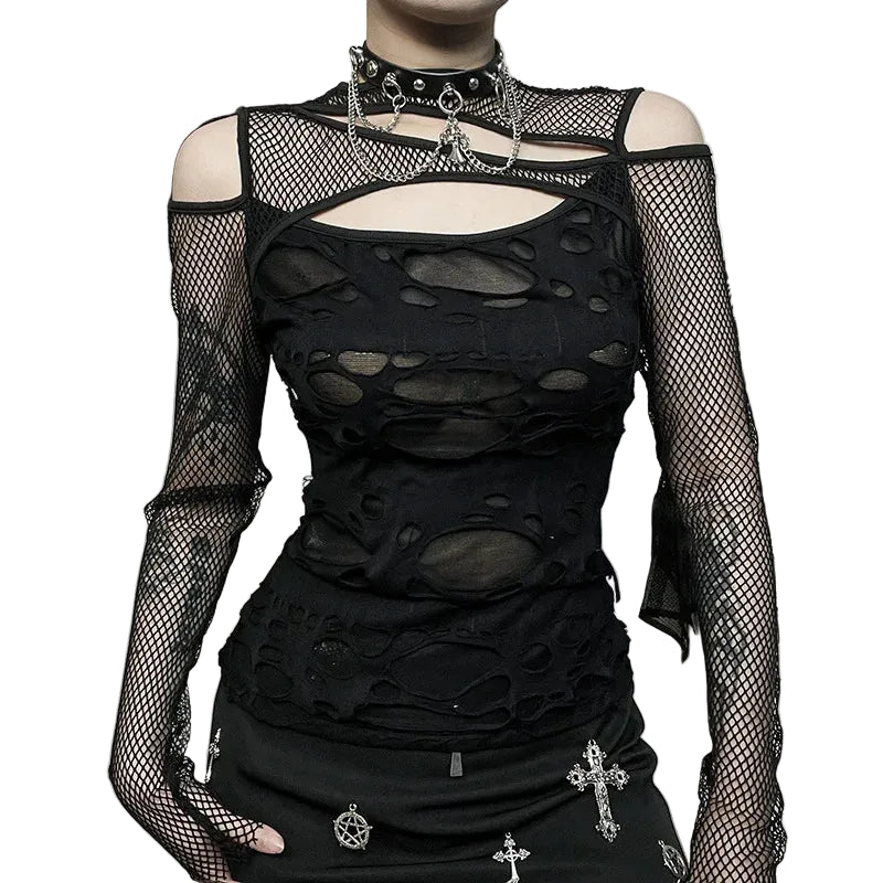 Dark Punk Fishnet Patchwork Top