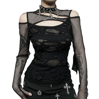 Dark Punk Fishnet Patchwork Top