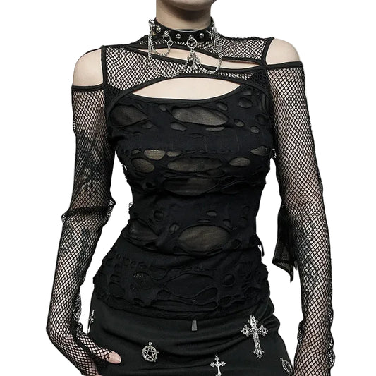 Dark Punk Fishnet Patchwork Top