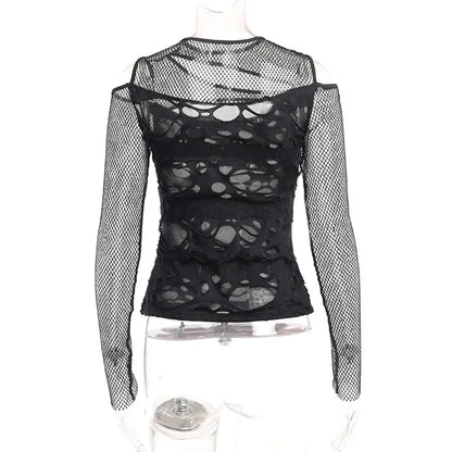 Dark Punk Fishnet Patchwork Top