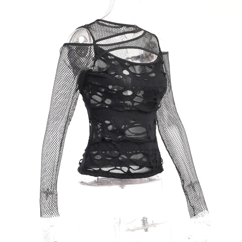 Dark Punk Fishnet Patchwork Top