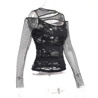 Dark Punk Fishnet Patchwork Top