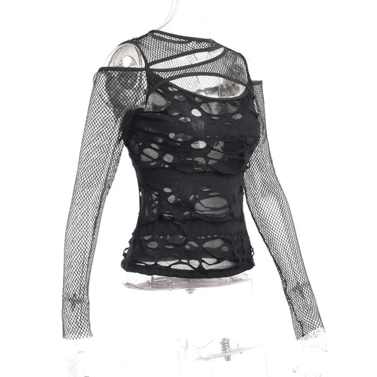 Dark Punk Fishnet Patchwork Top